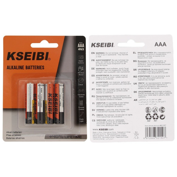 Alkaline Battery LR03/AAA - 4PCS,
non-rechargeable,High energy 1.5V Alkaline Battery for household and business appliances.