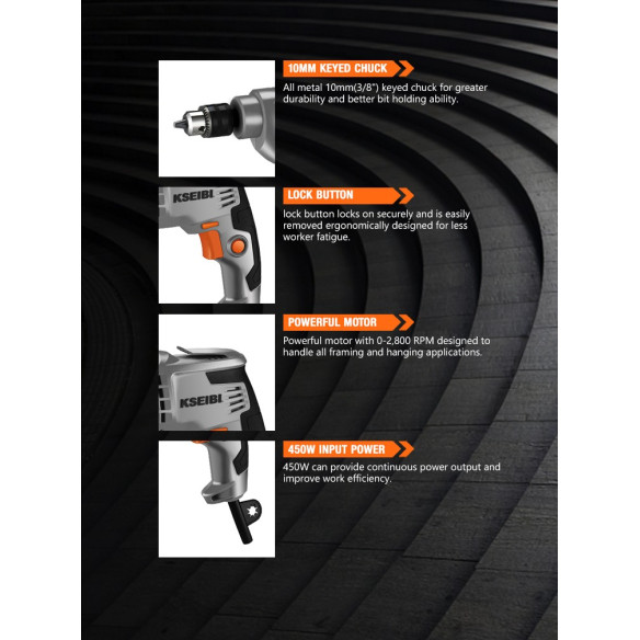 450W Electric Drill / 10mm Keyed Chuck / 10mm Keyless Chuck | Power Tools | KSEIBI