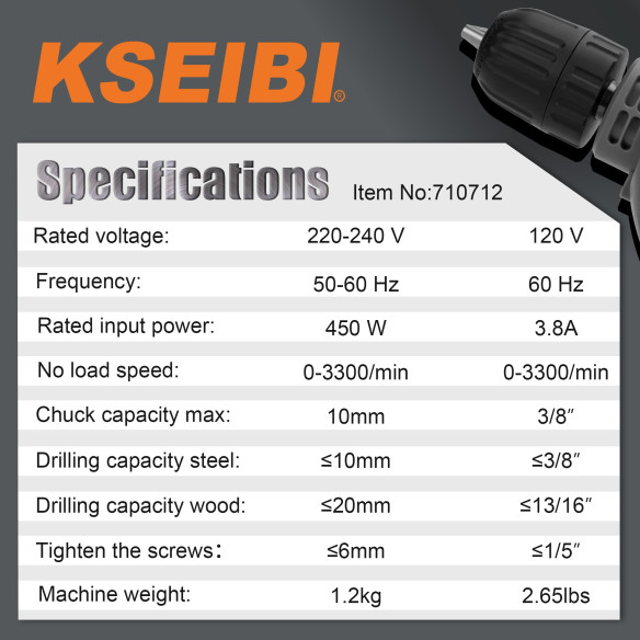450W Electric Drill / 10mm Keyless Chuck / 10mm Keyless Chuck | Power Tools | KSEIBI
