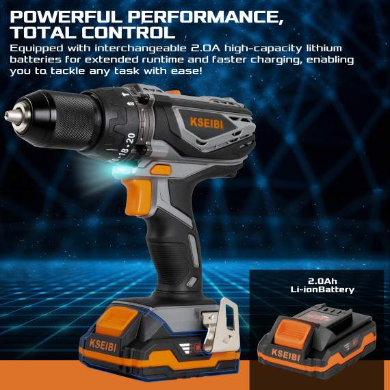 High-Performance 20V Cordless Impact Drill with 2 Batteries | KSEIBI
