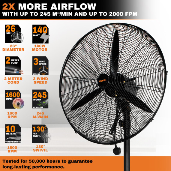 Ventilador industrial de pie 650mm 140W: potente y eficiente | KSEIBI