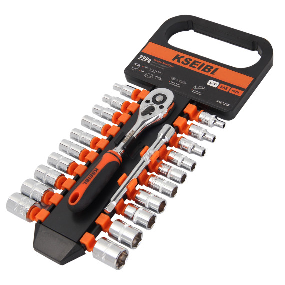 Set chei tubulare hexagonale și clichet 1/4", 22 buc. pentru mecanici | KSEIBI