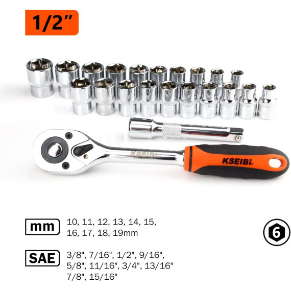 Set bussole esagonali e cricchetto 1/2" di alta qualità | KSEIBI