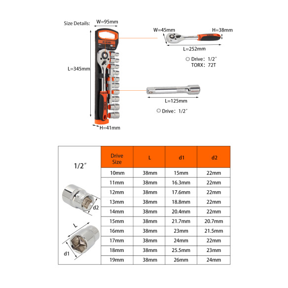 Set bussole esagonali e cricchetto 1/2" di alta qualità | KSEIBI
