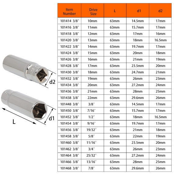 高品质加长六角套筒，适用于3/8" 英制工具 | KSEIBI
