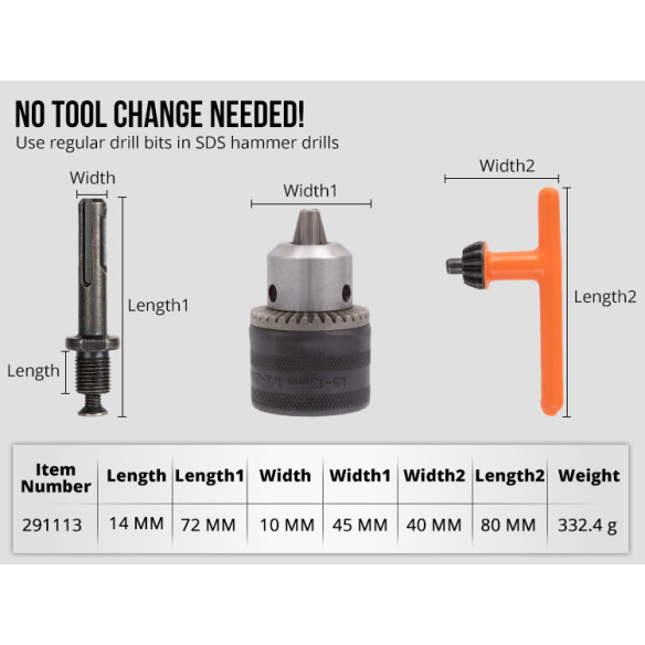 Mandrina de găurit cu cheie și adaptor 1.5–13 mm (1/2–20) pentru precizie | KSEIBI