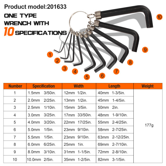 Premium Black Oxide Hex Key Set Ring | 10pc. Set for Precision Work | KSEIBI