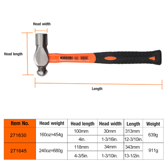 High-Quality Ball Pein Hammer with Fiberglass Handle for Precision Work | KSEIBI
