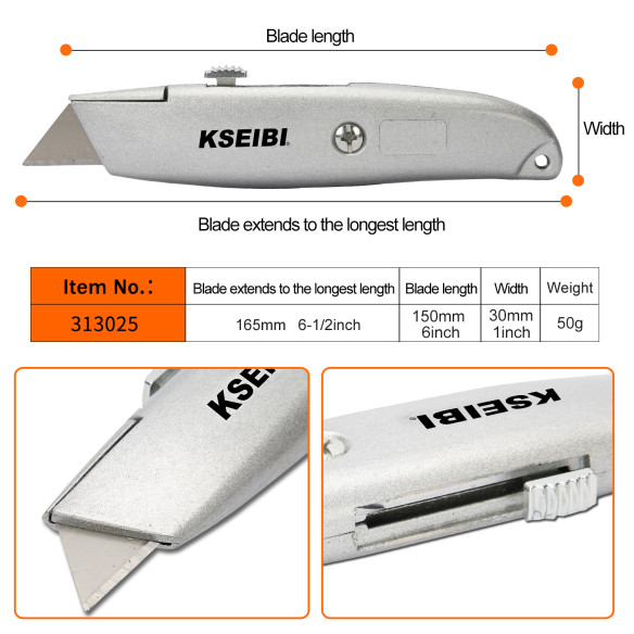Couteau utilitaire rétractable en aluminium 150mm pour travaux lourds | KSEIBI