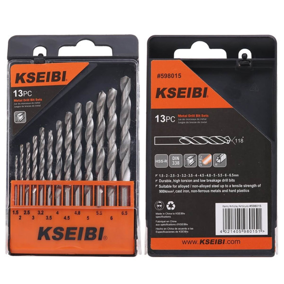 13 Pcs HSS-R Metal Drill Bit Set In Plastic Case, power tool accessories, high speed steel twist drill bit set.